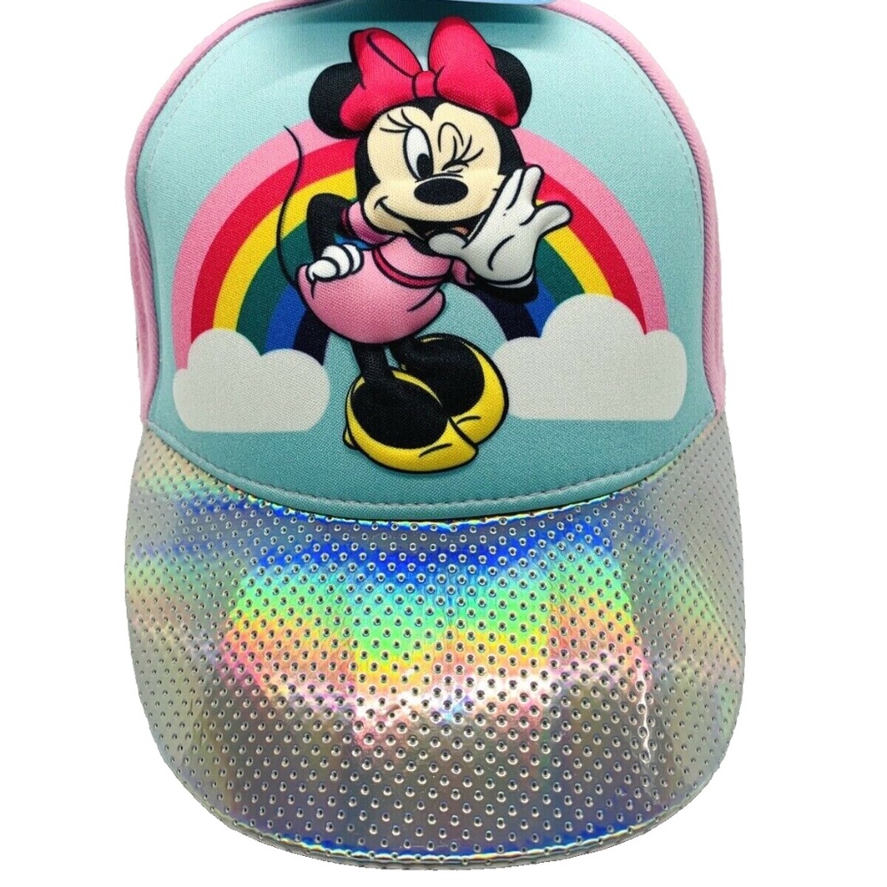 NWT‎ Disney Minnie Mouse Baseball Cap Hat Pink and Teal Snap Back Rainbow Cotton